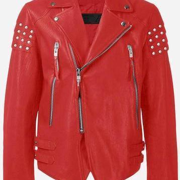 Red Genuine Leather Jacket Silver S..
