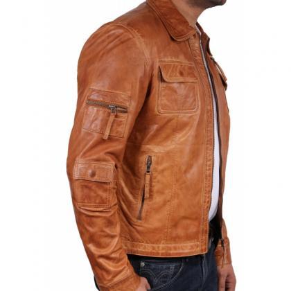 Men's Tan Leather Jacket, Biker Lea..