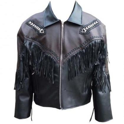 Men,s Leather Fringes Jacket,Black ..