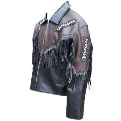 Men,s Leather Fringes Jacket,Black ..