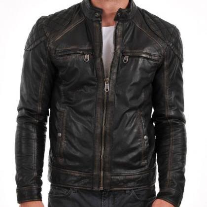 Black Distressed Leather Jacket Men..