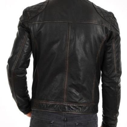 Black Distressed Leather Jacket Men..
