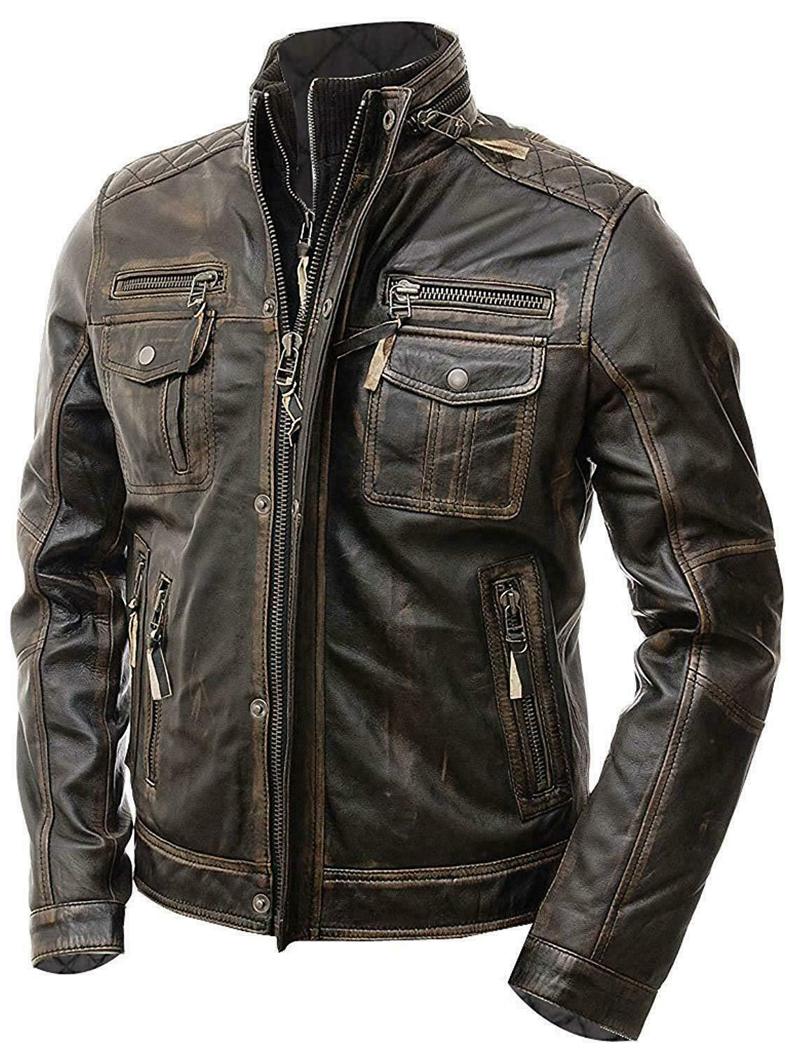Men Black Leather Rock Punk Style Studded Spiked Biker Moto Jacket For Mens