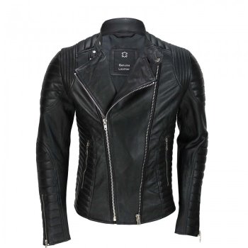 Men Black Cafe Racer Leather Jacket For Men, Side Zipper Biker Genuine Leather Jacket