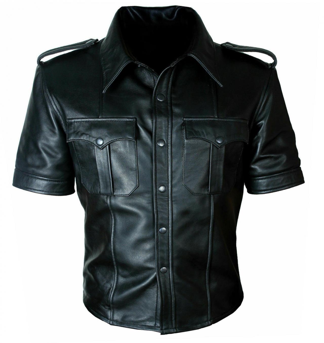 Men's Real Genuine Leather Police Uniform Shirt Sexy Short Sleeve Leather Shirt2