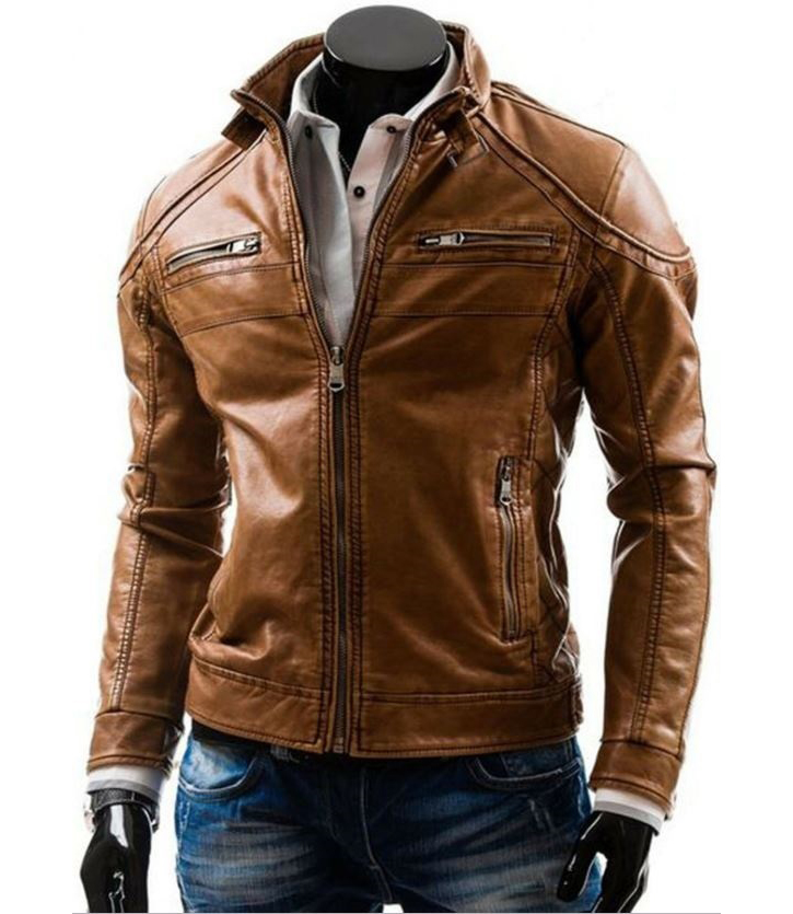 Men's Motorcycle Stylish Brown Slim Fit Genuine Lambskin Real Leather Biker Jacket