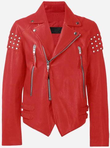 Red Genuine Leather Jacket Silver Studs On Shoulders Brando Style For Men