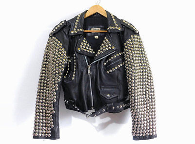 New Mens Full Black Brando Punk Silver Spiked Studded Cowhide Leather Jacket2