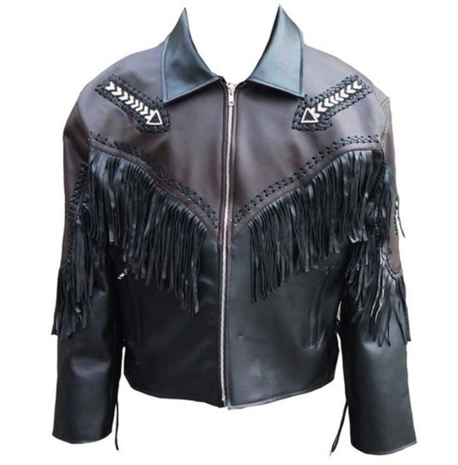 Men,s Leather Fringes Jacket,Black Cowboy Zipper Leather Jacket