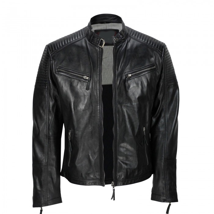 Men,s Black Vintage Biker Style Waxed Sheepskin Fashion Jacket