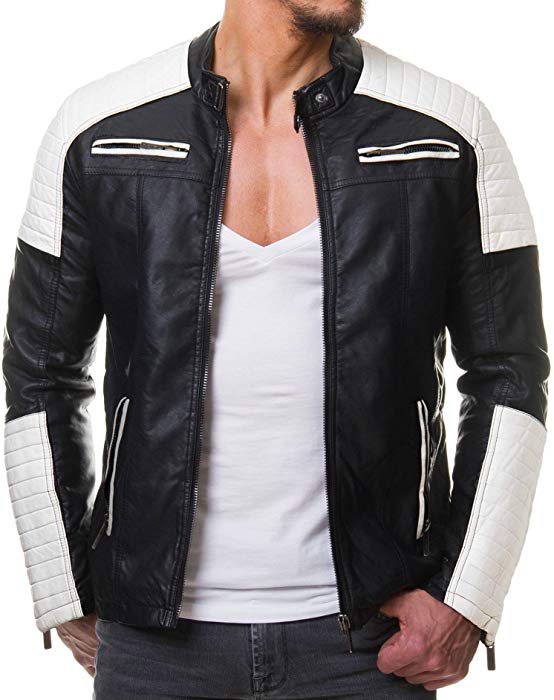 Men,s Black And White Vintage Biker Style Waxed Sheepskin Fashion Jacket