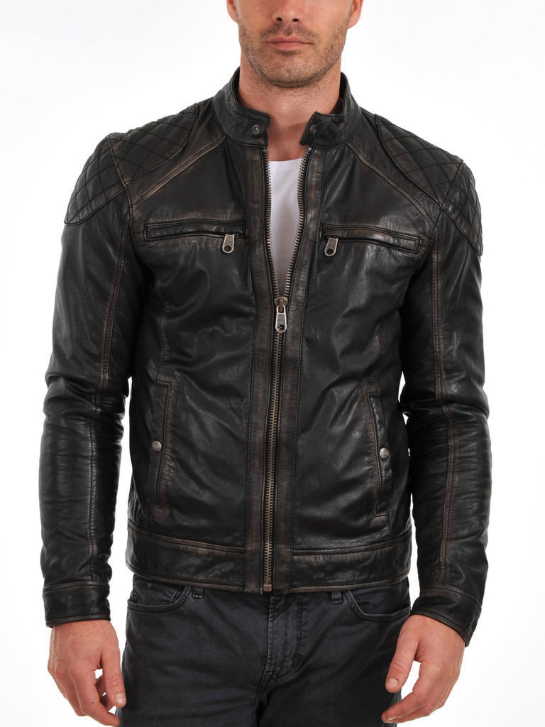 Black Distressed Leather Jacket Men Pure Lambskin Biker Jacket Size S M L XL XXL