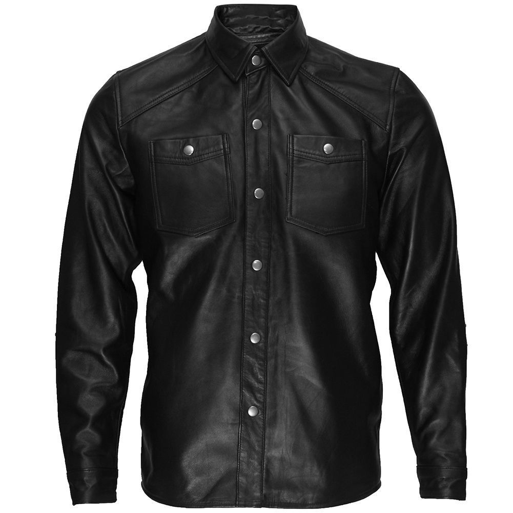 Black Lambskin Leather Collared Lightweight Jacket Over Shirt,men