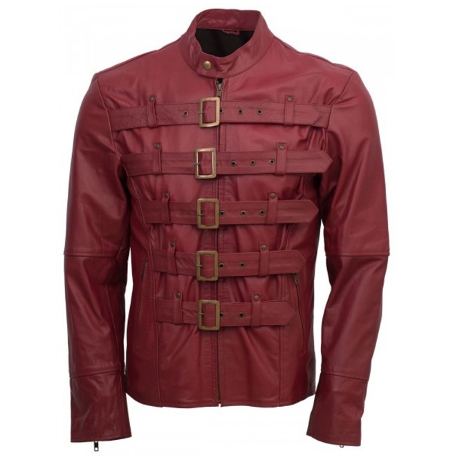 Designer Men Maroon Belted Fashion Leather Jacket Men Military Style Jacket
