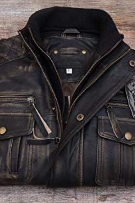 Mens Biker Vintage Motorcycle Distressed Black Cafe Racer Leather Jacket