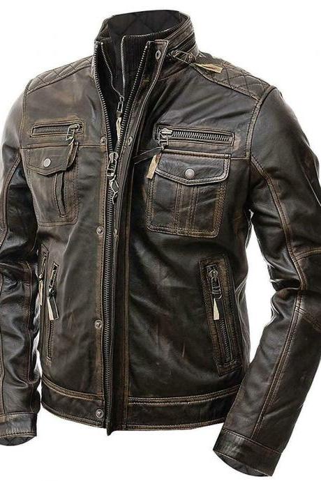 Men Black Leather Rock Punk Style Studded Spiked Biker Moto Jacket For Mens