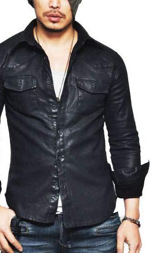 Men's Real Lambskin Genuine Leather Shirt Stylish Biker Black Shirt 