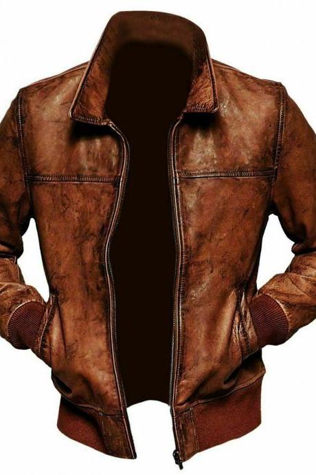 Mens Biker Motorcycle Vintage Distressed Brown Bomber Winter Leather Jackets