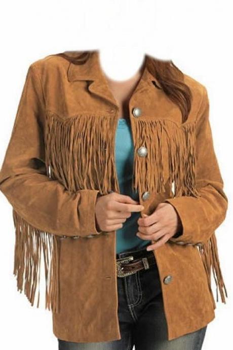 Woman Brown Western Wear Cow Lady Suede Leather Jacket Native American Fringe