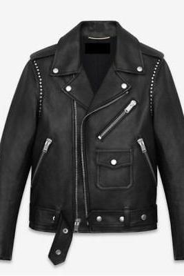 New Men's Black Sheep Leather Studded Jacket All Size Chest And Side Pocket Jacket