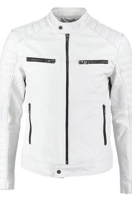 New Men Fashion Trend White Motorcycle Leather Jacket, Men Biker Fashion BACK SIDE