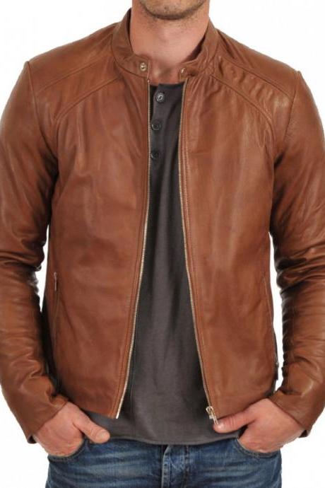 Men's Simple Snap Tab Collar Brown Leather Jacket, Out Wear Biker genuine leather jacket