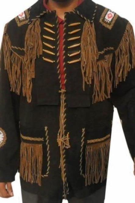 Beads Western Cowboy Suede Leather Jacket, Fringes Cowboy Jacket