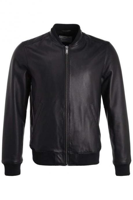 Black Bomber Leather Jacket for Men Flight Jacket Size S M L XL XXL Custom Made
