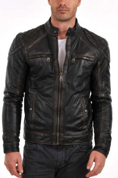 Black Distressed Leather Jacket Men Pure Lambskin Biker Jacket Size S M L XL XXL