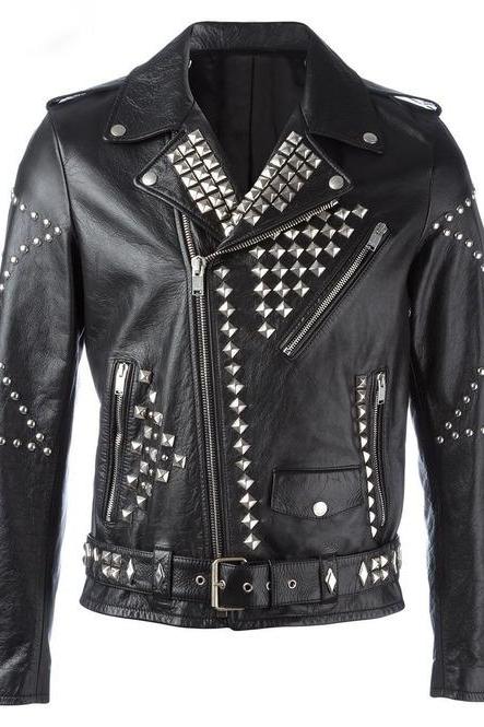Men Classic Sliver Studded Leather Motorcycle Jacket, Biker Leather Jacket