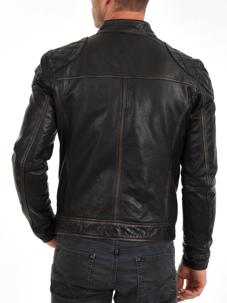 Black Distressed Leather Jacket Men Pure Lambskin Biker Jacket Size S M ...